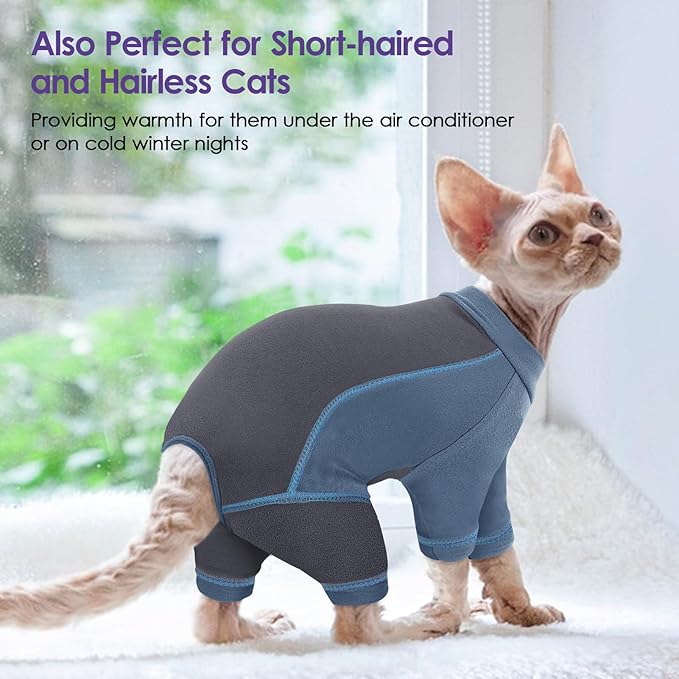 SUNFURA Hair Sticky Cat Clothes, Cat Sweater for Cats Only, 4-Legged Fleece Sweaters Kitten Pajamas Reduce Shedding Fur, Warm Pullover Shirts for Cats, Blue M