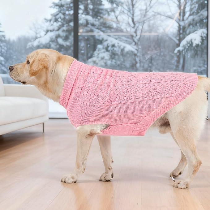 PUPTECK Dog Sweater, Turtleneck Warm Knitted Pullover Coat, Thick Cable Knitwear Clothes in Winter, Pet Apparel Outfits for Large Dogs, for Cold Weather Indoor & Outdoor, Pink XL