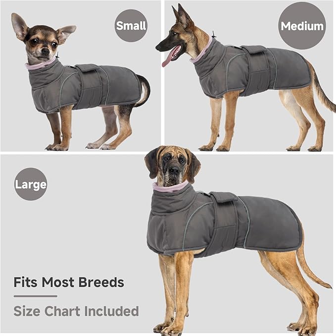 Dog Winter Coat for Small to Large Dogs(XS-XXXL)– Waterproof Windproof Fleece Lined Jacket with Reflective Trim,Pet Vest with Adjustable Buckles, Machine Washable Grey S