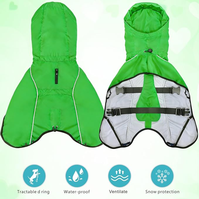 Mosucoirl Dog Raincoat Jacket Reflective Adjustable Hooded Pet Poncho Rain Coats with Leash Hole Waterproof Clothes for Small Medium Large Dogs (Green, S)