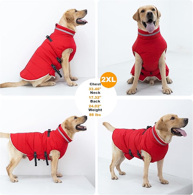 Small Dog Coat with Harness Built-in, Waterproof Reflective Fleece Lined - Warm Windproof Winter Jacket with Back Zipper, Cold Weather Snow Dog Coats - Red - XS