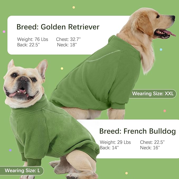 BRKURLEG Dog Sweater Dogs Warm Soft Fleece Sweaters, Turtleneck Sweatshirt for Small Medium Large Dogs, Dog Winter Coat, French Bulldog Pullover Jacket with Sleeve, Cold Weather Coat (Green, L)