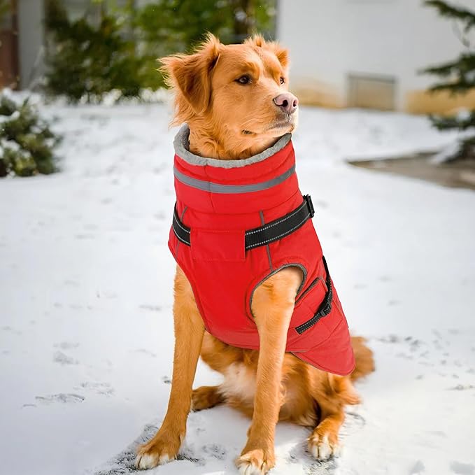 PETDSH Dog Coat Small, Built-in Harness Dog Jacket with Warm Fleece Lining, Waterproof Reflective Dogs Winter Coat, Pet Coats with Pocket and Trash Bags (Red, Small)