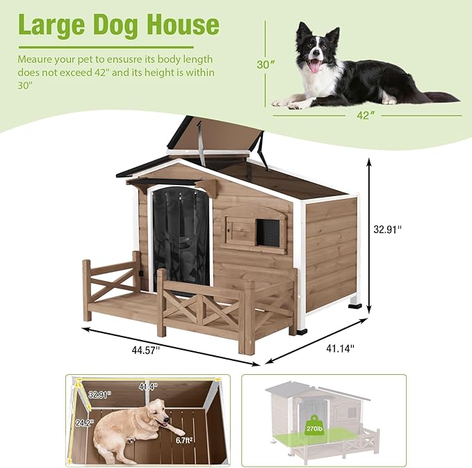 GUTINNEEN Outdoor Wooden Dog House with Metal Frame, Porch and Ventilation Window, Weatherproof Shelter for Small to Medium Dogs, 44.6" L x 41.1" W x 32.9" H (Dark Brown)