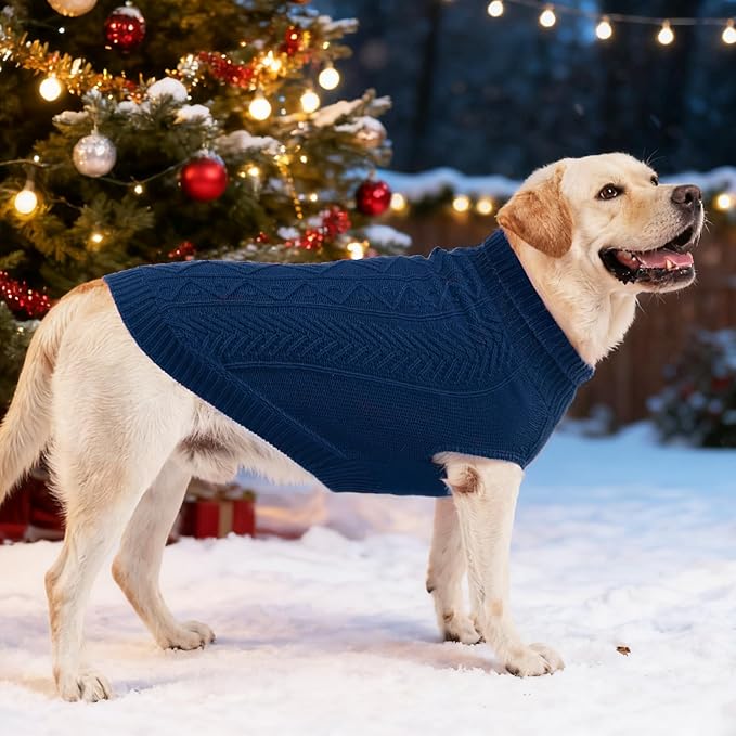 PUPTECK Dog Sweater, Turtleneck Warm Knitted Pullover Coat, Thick Cable Knitwear Clothes in Winter, Pet Apparel Outfits for Small Medium Dogs, for Cold Weather Indoor & Outdoor, Deep Blue S
