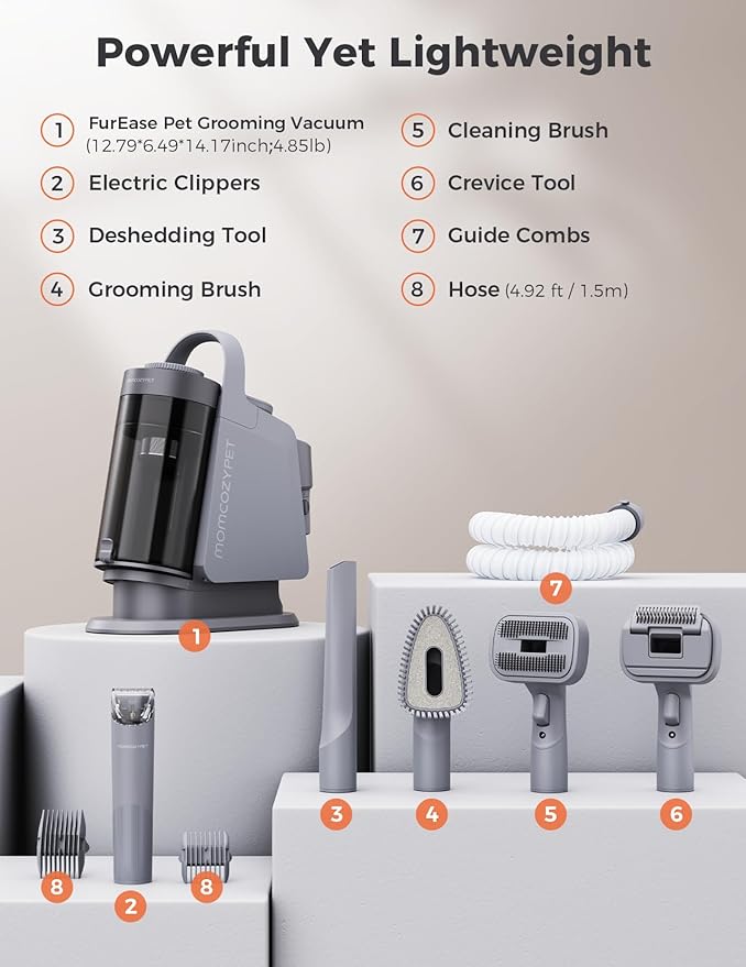 Dog Grooming Kit, FurEase Dog Grooming Vacuum with Dog Clippers for Grooming, 13000Pa Powerful Dog Vacuum for Shedding Grooming with 5 Pet Grooming Tools (Iron Gray, 2.5 Liter Canister)