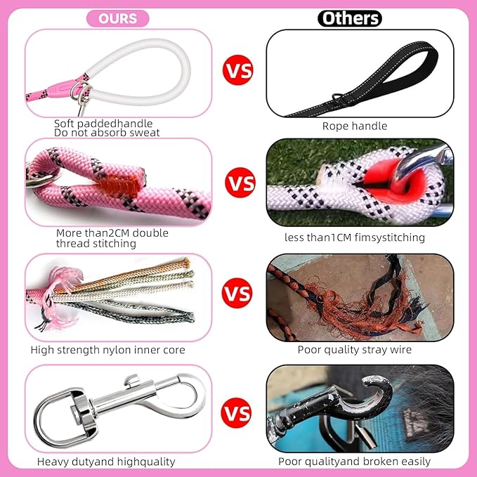 Nylon Dog Leash 6FT 10FT 20FT 30FT Diameter 2/5 Inch with Comfortable Silicone Handle Highly Reflective No Tangle for Medium Large Dogs Outside Walking Camping Backyard. (Pink, 30FT)