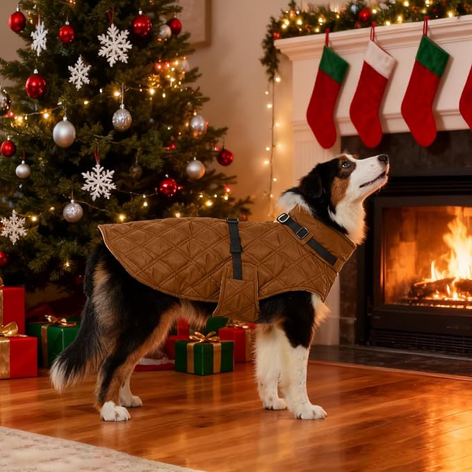 Kuoser Dog Coat Warm Fleece Lining Turtleneck Dog Jacket with Harness Built-in, Adjustable Windproof Cold Weather Coats with Quick Release Buckle Pet Winter Snowsuit for Extra Large Dogs, Khaki 2XL