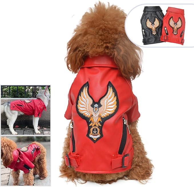 Lovelonglong Cool Dog Leather Jacket, Warm Coats Dogs Windproof Cold Weather Coats for Large Medium Small Dogs with Eagle Embroidery Red L