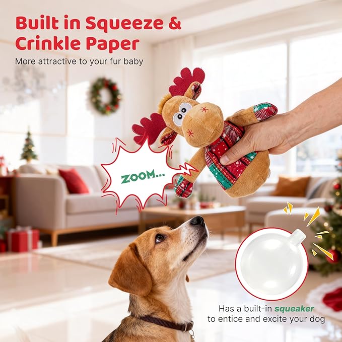 Christmas Dog Toys – Plush Reindeer & Snowman Holiday Set for Small and Medium Dogs, Soft Stuffed Chew Toys with Crinkle Ears, Festive Red Green Plaid, Cute Stocking Stuffer Gift