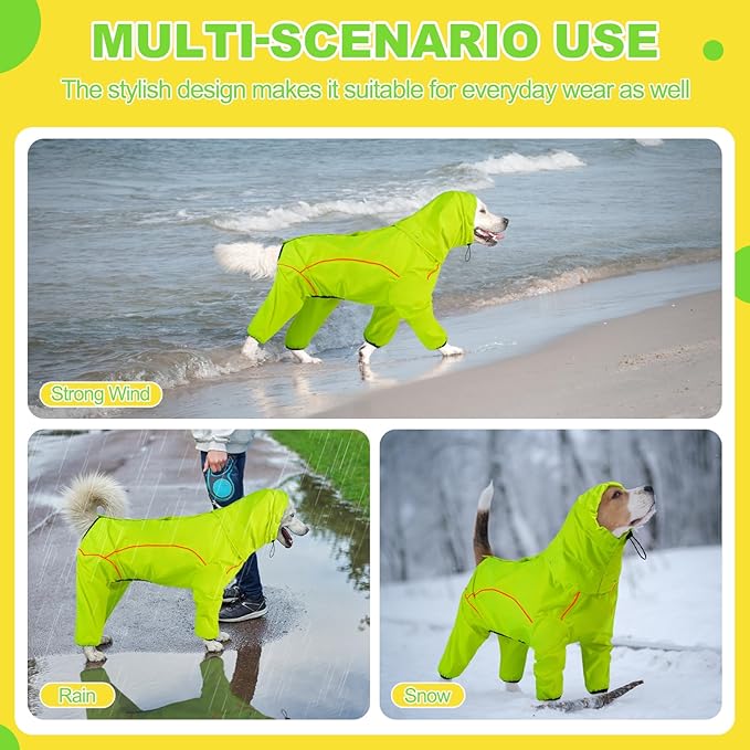 Dog Raincoat, Waterproof Dog Rain Jacket with Removable Hood,Adjustable 4 Legs Pet Poncho with Leash Hole,Reflective Stripe Hooded Snowproof Windproof Clothes for Small to 3X-Large Dogs, L