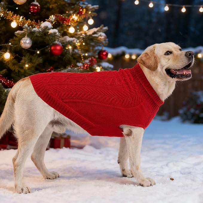 PUPTECK Dog Sweater, Turtleneck Warm Knitted Pullover Coat, Thick Cable Knitwear Clothes in Winter, Pet Apparel Outfits for Small Medium Dogs, for Cold Weather Indoor & Outdoor, Red XS