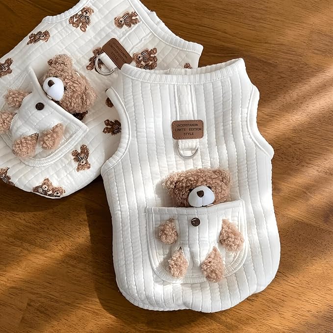 Cute Pet Apparel Plush Bear Pattern Cartoon Dog Clothes All Season Sleeveless Puppy Kitten Pullover Soft Skin-Friendly (White2, L (7.7-11lbs))