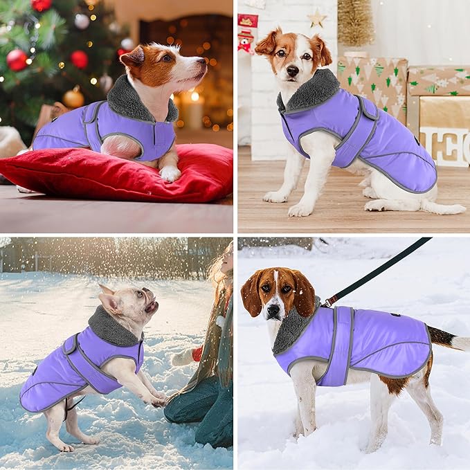 Dogcheer Dog Coat, Waterproof Dog Jacket Reflective Pet Winter Coat with Adjustable Hook & Loop, Christmas Puppy Fleece Jacket Warm Turtleneck Snowsuit for Small Medium Large Dogs - Taro Purple, 2XL