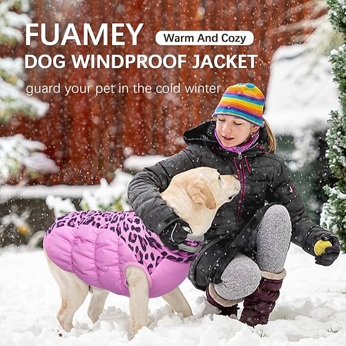 FUAMEY Dog Coat for Large Dogs,Waterproof Dog Winter Jacket with Harness Built in Puppy Cold Weather Coats Reflective Pet Vest with Zipper Warm Fleece Dogs Snowsuit Windproof Pink Leopard L