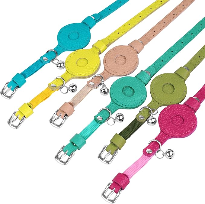 OOPSDOGGY Cat Collar for AirTag Holder, Leather Kitten Collars with Elastic Strap & Bell, Non Breakaway Adjustable Small Pet Collars for Indoor & Outdoor for Boy, Girl (Olive Green)