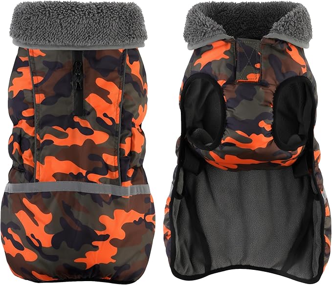 Dogcheer Warm Dog Coat, Waterproof Dog Jacket Christmas Puppy Winter Coat with Buckle, Reflective Adjustable Pet Snow Jacket Turtleneck Fleece Sweater for Small Medium Large Dogs - Orange Camo, XL