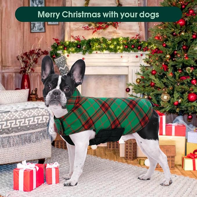 Kuoser Waterproof Dog Coat, Reversible Dog Jacket for Large Dogs, Adjustable Durable Doggie Winter Coat for Groowing Puppies Warm Puppy Cold Weather Apparel, Christmas Green L