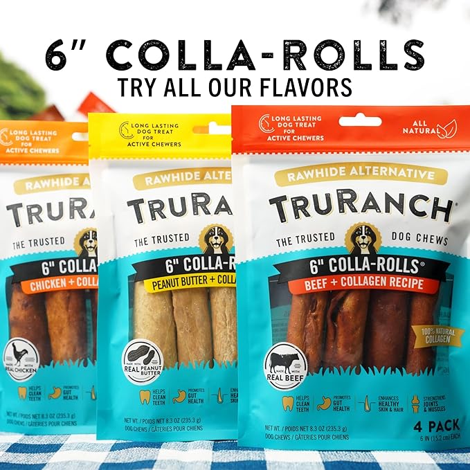TRURANCH Collagen Rolls - 6" Collagen Rolls for Dogs - Long Lasting Healthy Joint Support - Rawhide Alternative - Skin & Coat Health - Made with Real Peanut Butter, Value Pack, 15 Bags, 60 Count