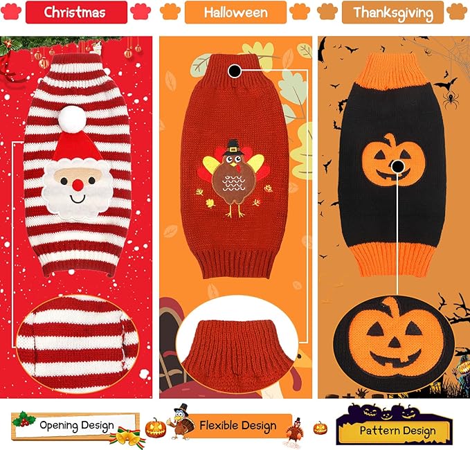 Sanwuta 3 Pieces Halloween Thanksgiving Christmas Dog Sweaters Sets Pumpkin Turkey Santa Puppy Dog Clothes Pet Knitwear for Puppy Doggie Cat Pet Costume (Medium)