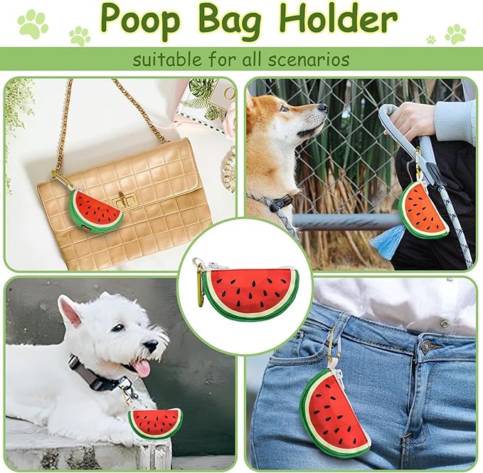 Convenient Dog Poop Bag Holder Leash Attachment with Zipper Case for Potty Bags - Trash Bag Carrier Accessory Dispenser for Poo Bags,Watermelon,Medium