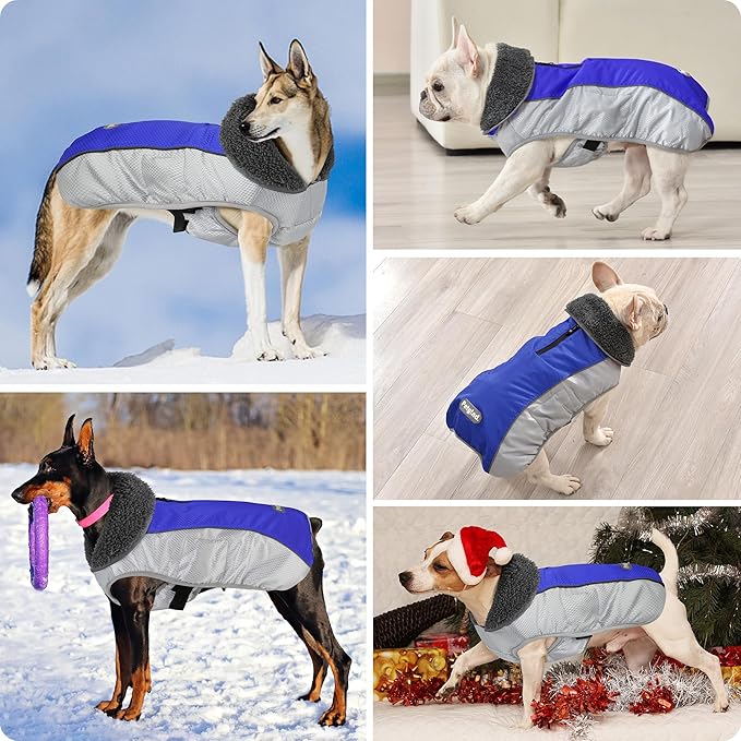 Dog Coat, Waterproof Ripstop Dog Winter Jacket with Leash Hole, Reflective Adjustable Warm Pet Fleece Snow Sweater for Small Medium Large Dogs - Blue, 3XL