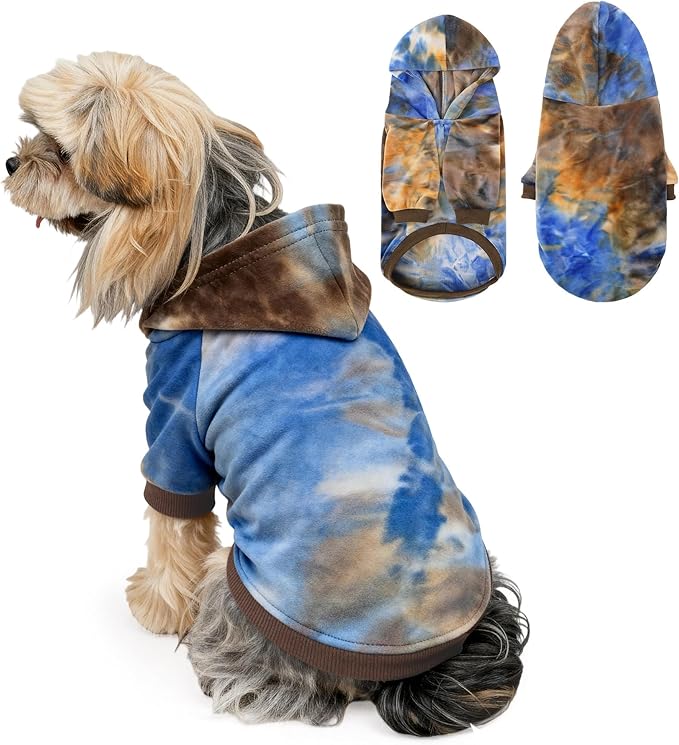 WOYYHO Tie Dye Dog Hoodie & Sweatshirt - Premium Velvet Soft Lightweight Pullover for Small Medium Dogs, Cozy Puppy Sweater for Puppy Dachshund French Bulldog, Multi Blue Browm XL