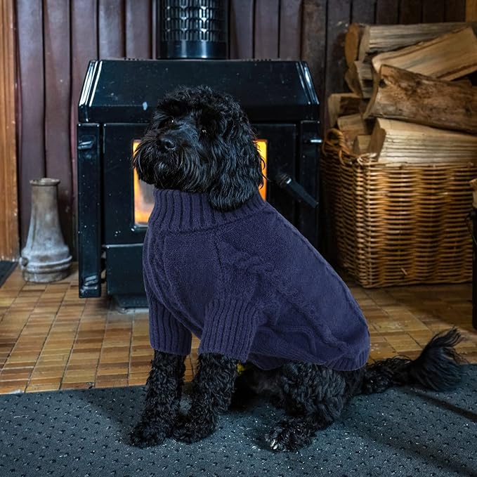 Queenmore Small Dog Pullover Sweater, Cold Weather Cable Knitwear, Classic Turtleneck Thick Warm Clothes for Chihuahua, Bulldog, Dachshund, Pug (Dark Navy, Large)