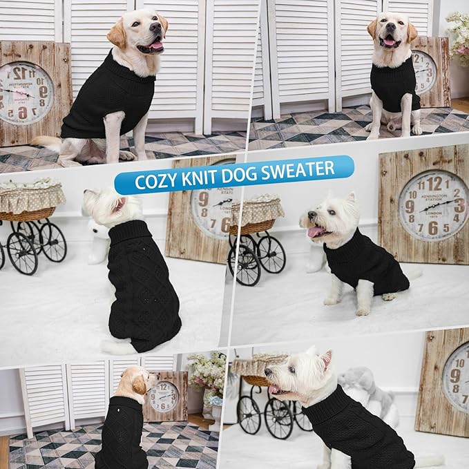 Mihachi Turtleneck Dog Sweater - Winter Coat Apparel Classic Cable Knit Clothes with Leash Hole for Cold Weather, Ideal Gift for Pet in New Year Black Small/Medium
