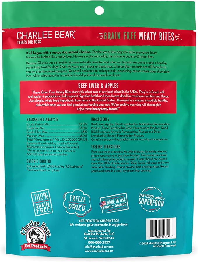 Charlee Bear Grain Free Meaty Bites Freeze Dried Dog Treats with Probiotics, Puppy Training Snacks, Soft Dog Bites Beef Liver with Apple, 2.25 oz Bags (2), Made USA
