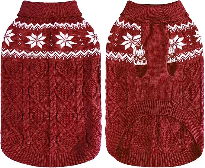 Warm Winter Pink Dog Sweater - Cold Weather Pet Clothes for Small Medium Large Dogs Indoor Outdoor, Soft Classic Knit Puppy Apparel Coat, Dark Red, L