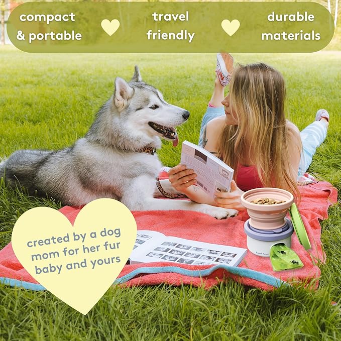 Sweet Paws Travel Hero 3-in-1 Portable Pet Food Container, Silicone Water Bowl, and Poop Bag Dispenser in One, Lavender Cream