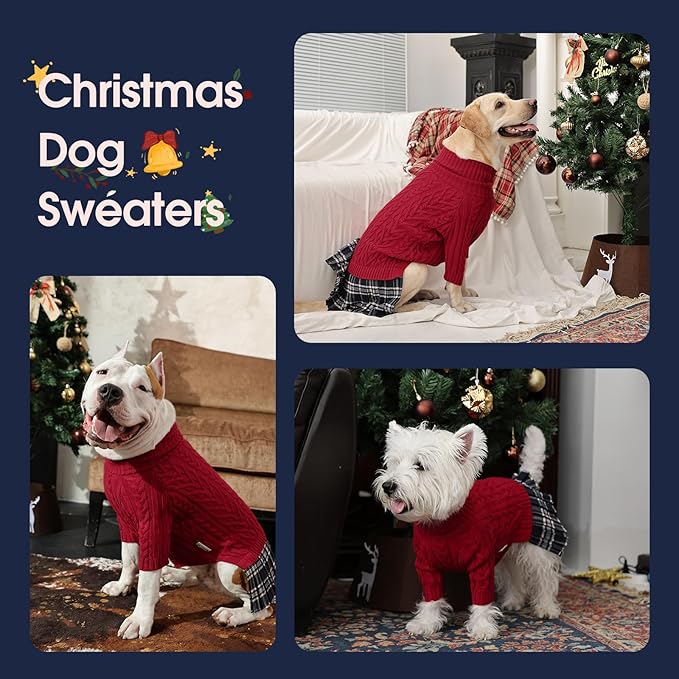 IECOii Girl XXXL Dog Sweater Dress, Girl Dog Sweaters for Extra Large Dogs Turleneck, Red,XXXLarge, Thermal Warm Knitwear with Leash Hole, Adorable Cable Knit Sweater for Christmas & Thanksgiving