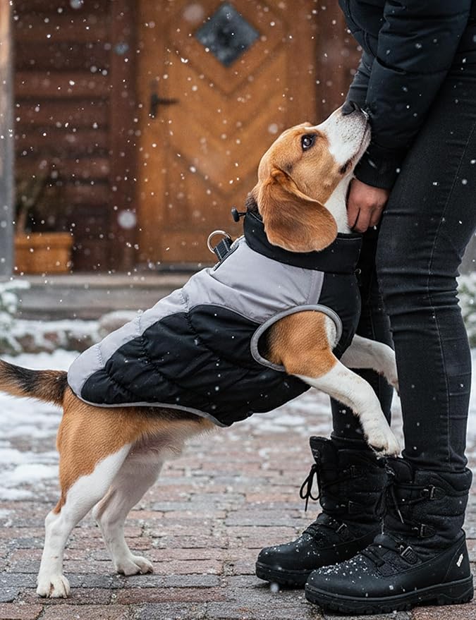 AURUZA Dog Coat, Warm Dog Winter Coat Waterproof Small Dogs Jacket with Harness Built Reflective Pet Vest with Zipper for Medium Dogs Windproof Pet Fleece Vest Snow Jacket for Cold Weather(Black,XXL)