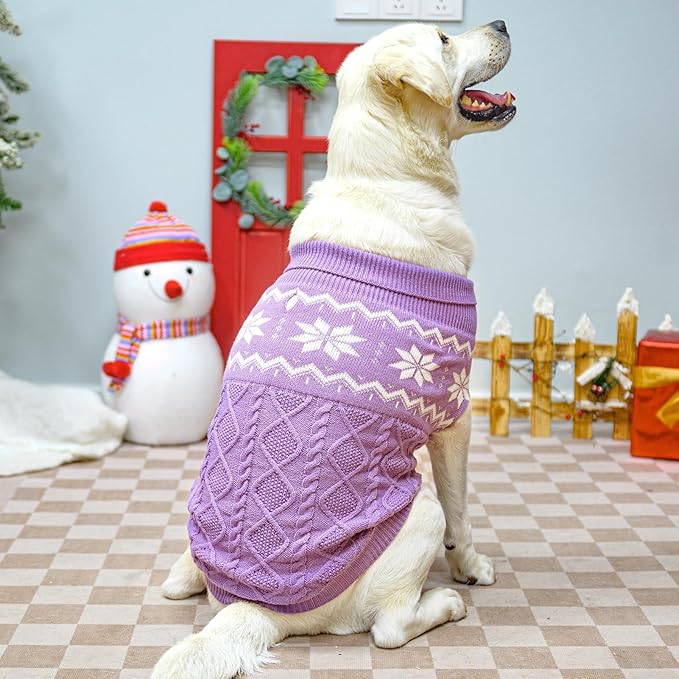 Warm Winter Pink Dog Sweater - Cold Weather Pet Clothes for Small Medium Large Dogs Indoor Outdoor, Soft Classic Knit Puppy Apparel Coat, Purple, ML