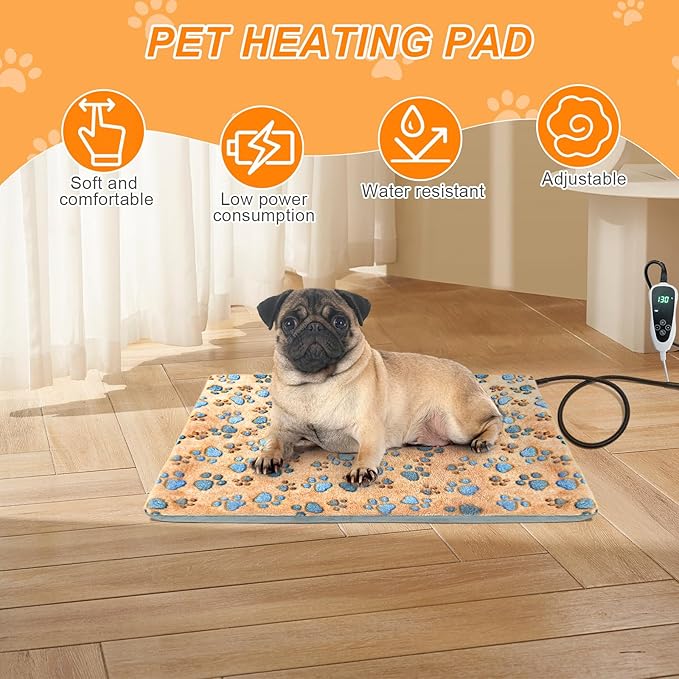 Dog Heating Pad 28×18 in Waterproof PVC Pet Heating Pad, Adjustable Thermostat+Constant On Function, Metal Protective Tube Comes with a Plush Cotton Sleeve,Whelping Box-Apricot