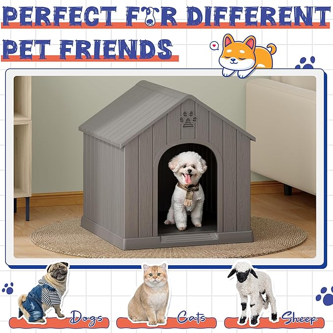 Dog House Outdoor Indoor, Plastic Small Dog House-Weatherproof & Insulated Design with Air Vents & Elevated Floor for Small to Medium Dogs, Easy Clean and Assemble (Grey)