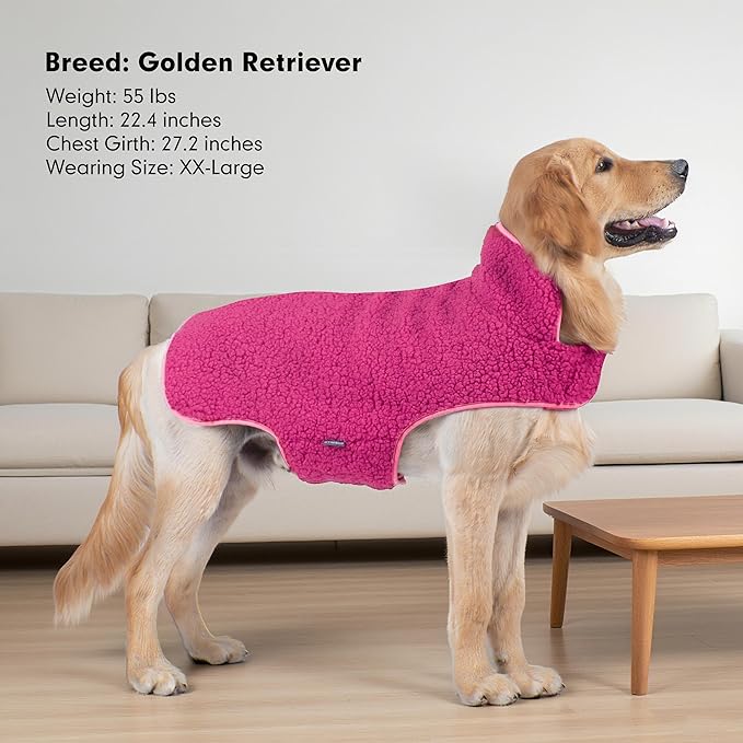 cyeollo Warm Dog Coat Sherpa Dog Winter Coat, Reversible Fleece Dogs Jackets Sweater Vest for Small Dogs Male with Leash Hole, Soft Cold Weather Pet Clothes, Fuchsia L