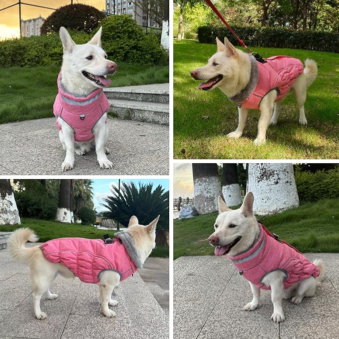Malier Dog Coat, Reflective Dog Jacket Waterproof Windproof Puppy Cold Weather Coats with Harness Built in, Winter Extra Warm Pet Coat Fleece Vest for Small Large Pets and Puppy (Pink, Large)