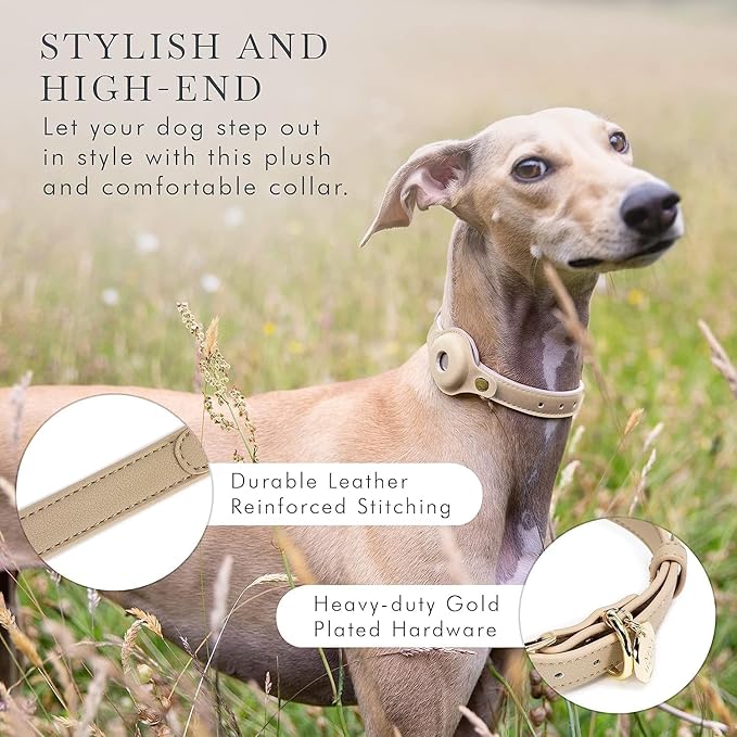 NINA WOOF Cupertino Dog Collars, Harnesses & Leashes Made from Vegan Leather with Dog Tracker Device Holder Adjustable Dog Collar - Color Beige, Large