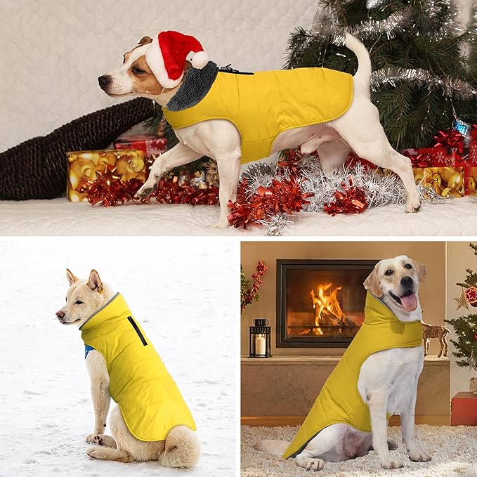 Dog Winter Coat, Waterproof Dog Jacket with Leash Hole, Reflective Adjustable Pet Snow Vest, Warm Fleece Sweater for Small Medium Large Dogs - Yellow, 2XL