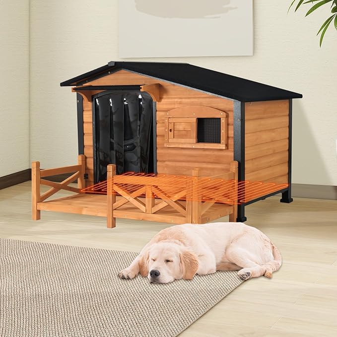 Heated Dog House for Outdoor Use with Matel Frame, Waterproof Design & Heating Blanket - All-Weather Wooden Kennel with Sliding Window & Metal Frame (Wood-H, L)