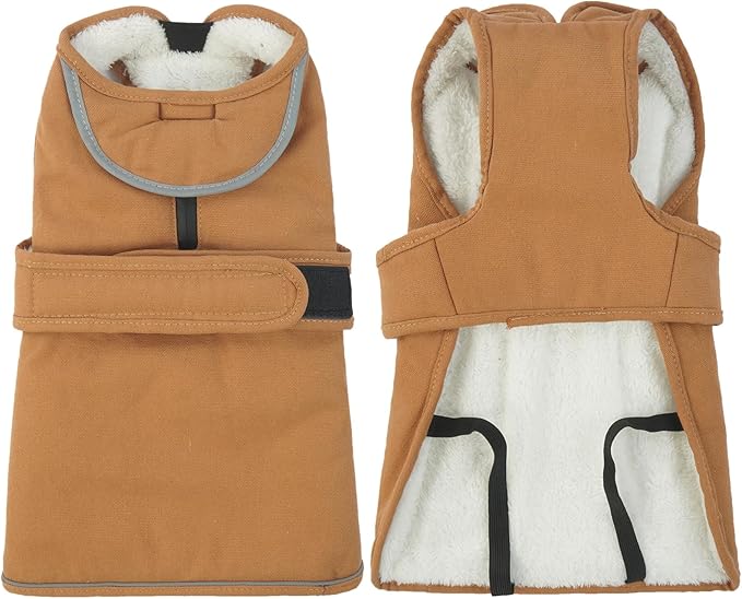 Kuoser Canvas Dog Coat, Warm Dog Jacket Reflective Fleece Pet Cold Weather Coat, Warm Doggie Clothes Waterproof Winter Vest with Zipper Leash Hole for Small Medium Large Dogs, Brown M