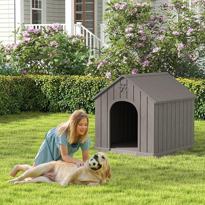 Large Dog House Outdoor Indoor, Durable Plastic Waterproof Doghouse with Air Vents and Elevated Floor, Easy Clean and Assemble for Medium Large Dogs (Classic Grey, 36.2''L×38''W×38''H)