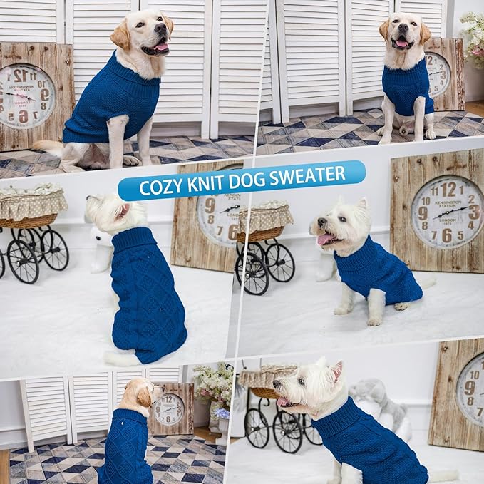 Mihachi Turtleneck Dog Sweater - Winter Coat Apparel Classic Cable Knit Clothes with Leash Hole for Cold Weather, Ideal Gift for Pet in New Year Royal Blue Small/Medium