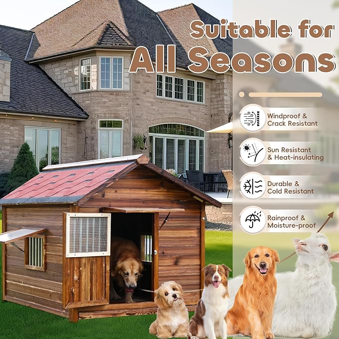 Extra Large Dog House Outdoor Outside Insulated Dog Kennel Weatherproof Pine Wood Pets Home with Elevated Floor,Lockable Door,Adjust Windows,Easy to Clean for Medium Large Dogs