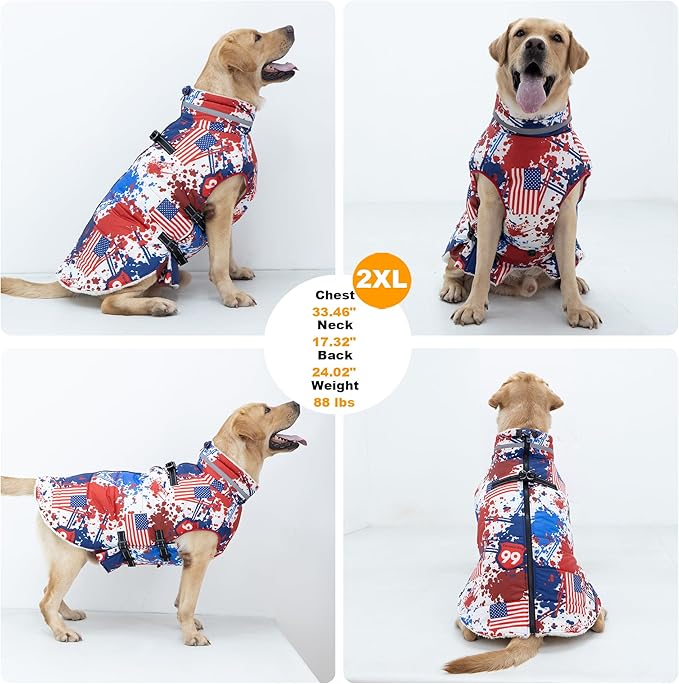 Medium Dog Coat with Harness Built-in, Waterproof Reflective Fleece Lined - Warm Windproof Winter Jacket with Back Zipper, Cold Weather Snow Dog Coats - American Flag - M