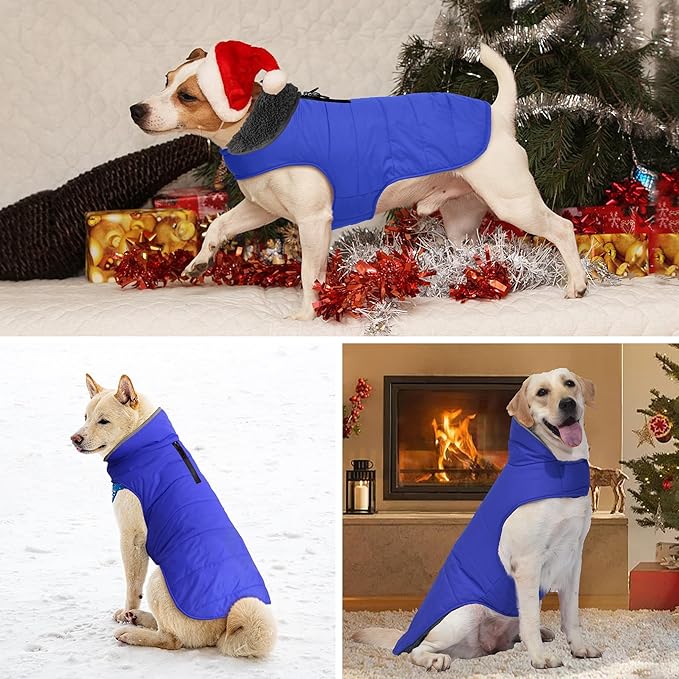 Dog Winter Coat, Waterproof Dog Jacket with Leash Hole, Reflective Adjustable Pet Snow Vest, Warm Fleece Sweater for Small Medium Large Dogs - Blue, 3XL