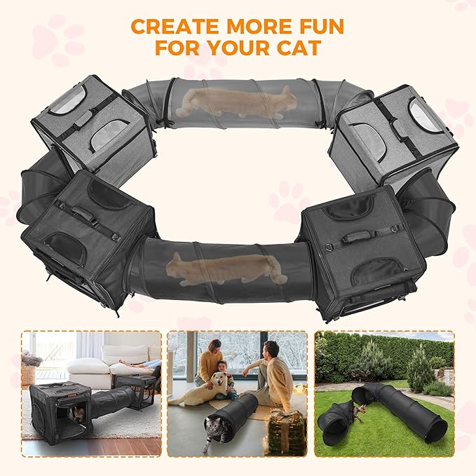 PETUX 2-in-1 Double Cat Carrier for Multiple Cats - Large Cat Travel Carrier with Litter Box, Play Tunnels, and Hammock - Portable Pet Carriers for Long Car Trips & Vet Visit (34"x17"x17", Black)