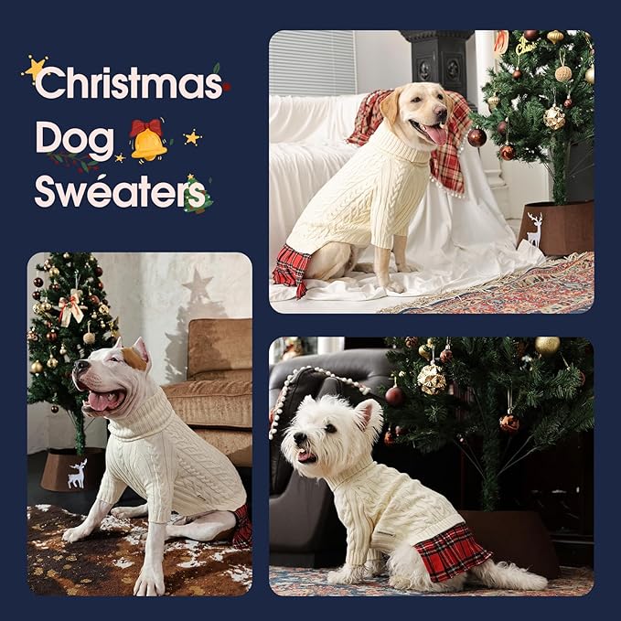IECOii Girl Dog Sweater Dress - Cable Knit Dog Sweater for Medium Dogs Girl, Beige,Large - Turtleneck Winter Sweaters with Leash Hole, Soft & Stretchy Adorable Dress for Thanksgiving Christmas Photo